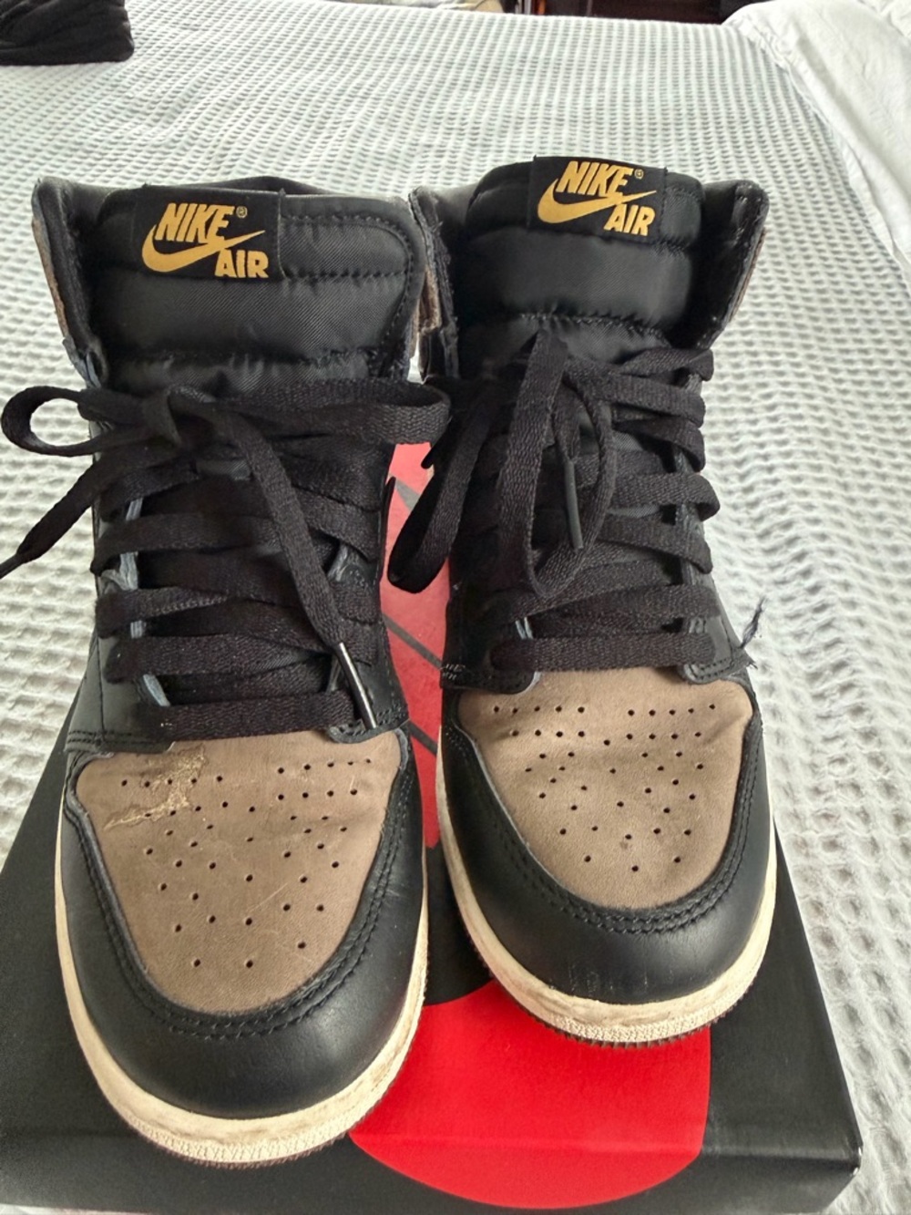 Nike Air Jordan PALOMINO High-Top Sneakers in Black and Brown/Tan with Gold Logo